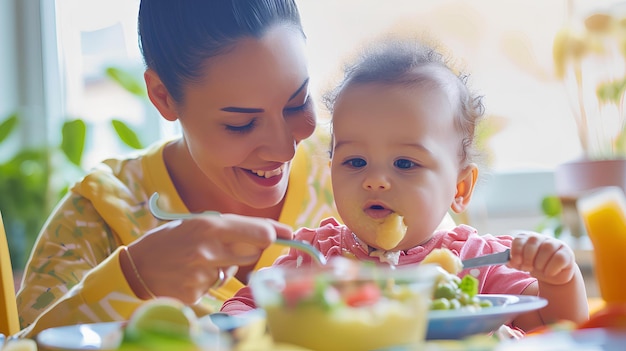 Una mujer y un bebé comiendo alimentos saludables