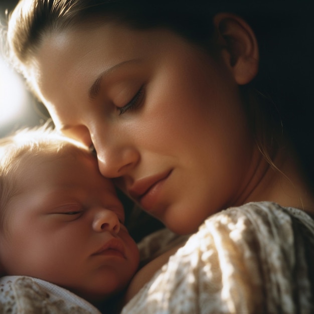 Una mujer y un bebé duermen juntos.