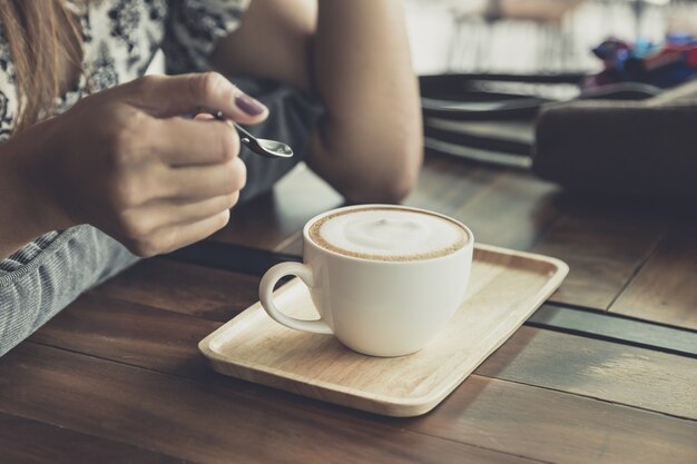 mujer, beber, latte, café, café