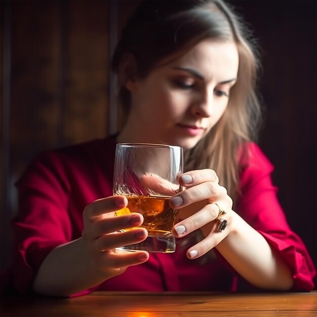 Mujer beber whisky de vidrio
