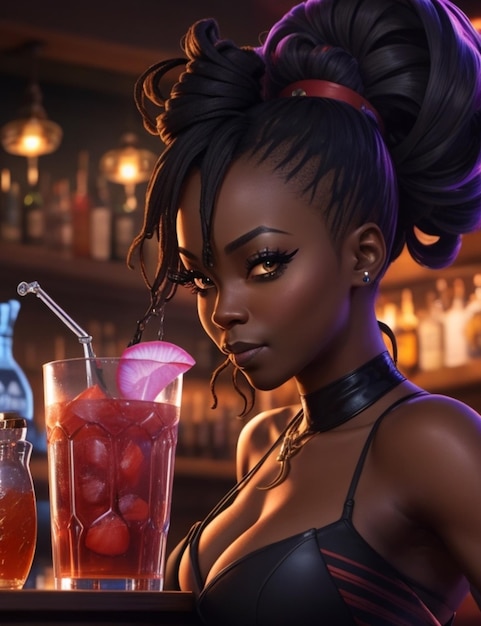 Una mujer con una bebida y fresas frente a un bar.