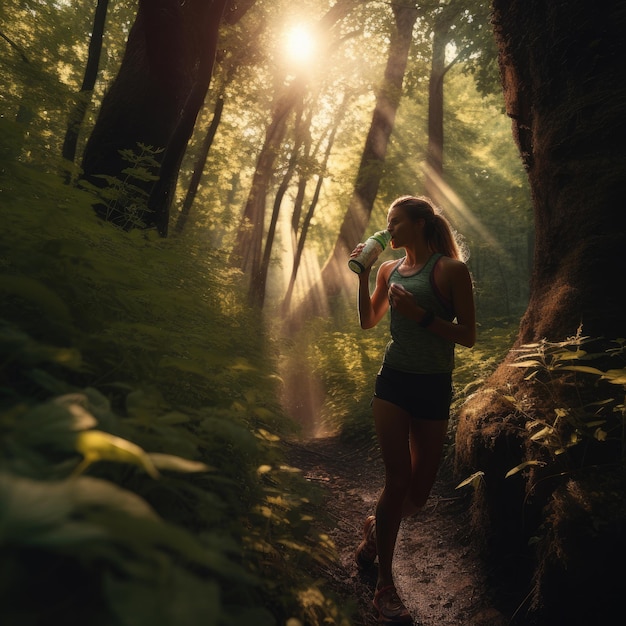 Una mujer bebiendo agua en el bosque Generativo Ai