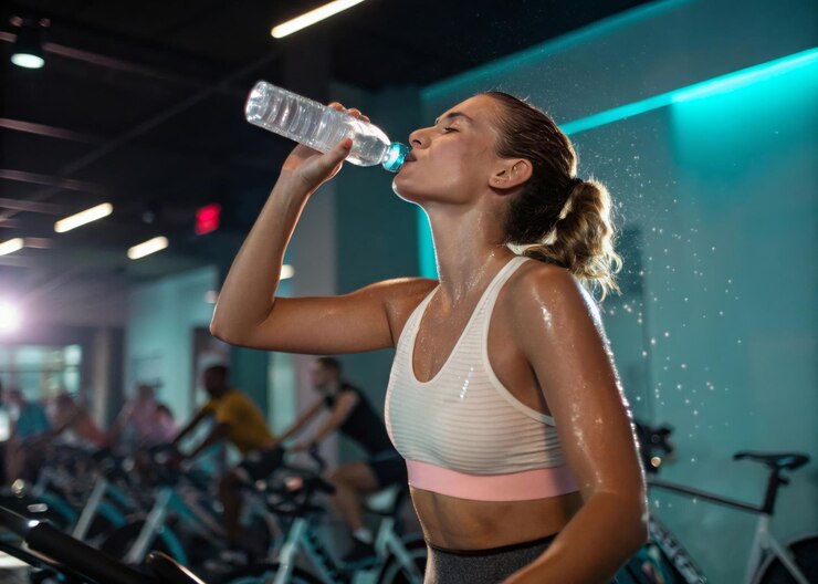 Mujer bebiendo agua durante la clase de spinning