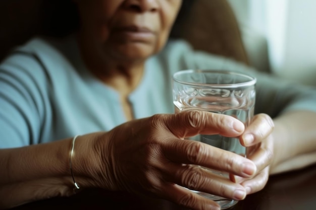 Mujer bebiendo agua de un vaso con las manos extendidas