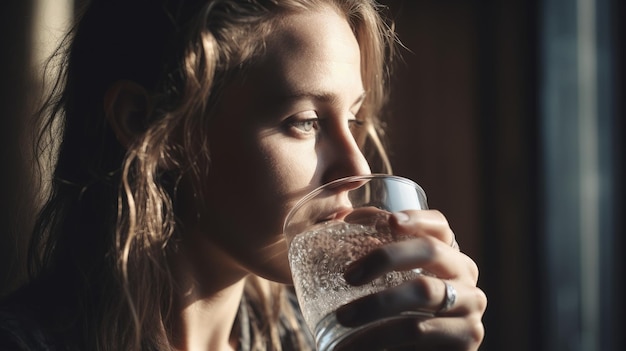 Una mujer bebiendo agua de un vaso