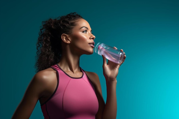 una mujer bebiendo de una botella de agua.