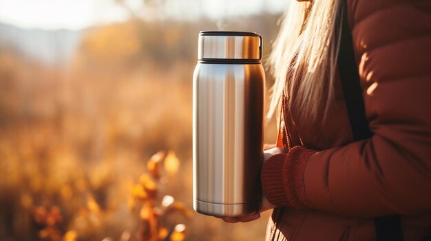 Foto una mujer está bebiendo café en el bosque una mujer está bebendo agua en un termo una mañana de otoño en las montañas