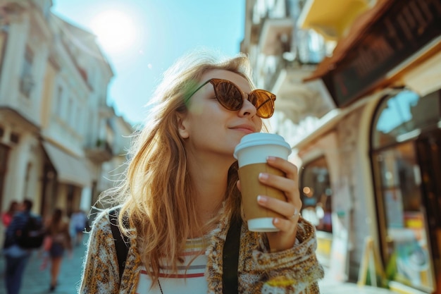 Mujer bebiendo café en la calle Sunny