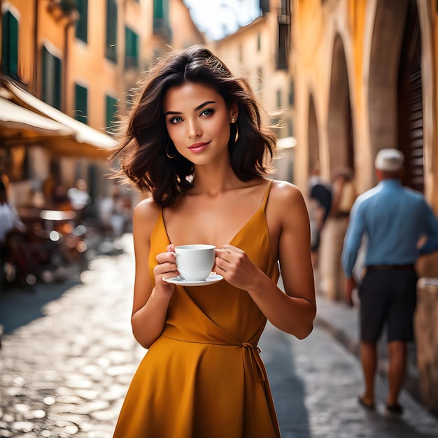 mujer bebiendo café en la calle