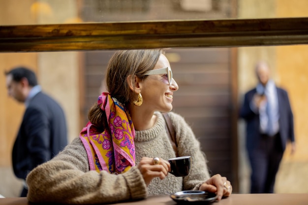 Mujer bebiendo café espresso en el tradicional café italiano de estilo antiguo