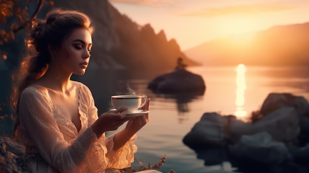 Mujer bebiendo café junto al lago al atardecer