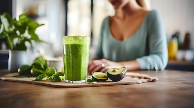 una mujer bebiendo jugo verde cerca del mostrador de la cocina