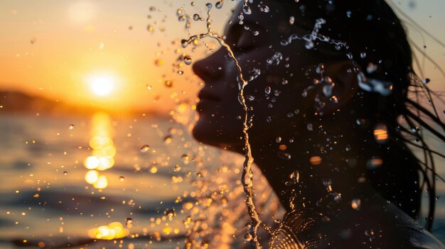 Foto mujer bebiendo líquido del océano al atardecer abrazando el fenómeno geológico aig