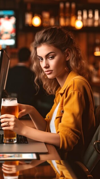 Mujer bebiendo una pinta de cerveza en un bar.