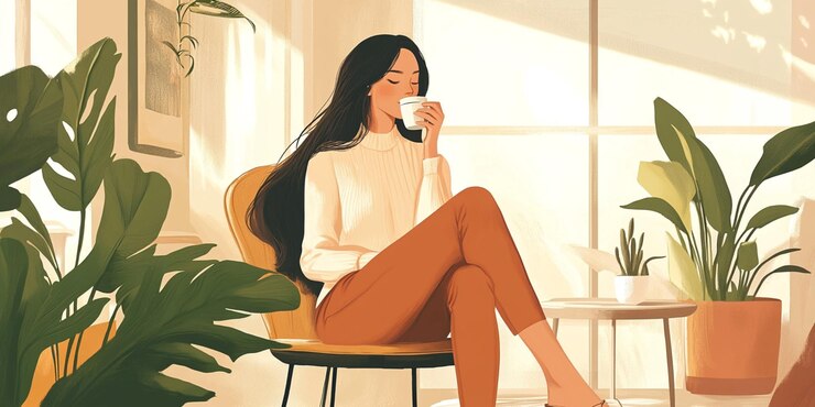 una mujer bebiendo una taza de café en una habitación soleada