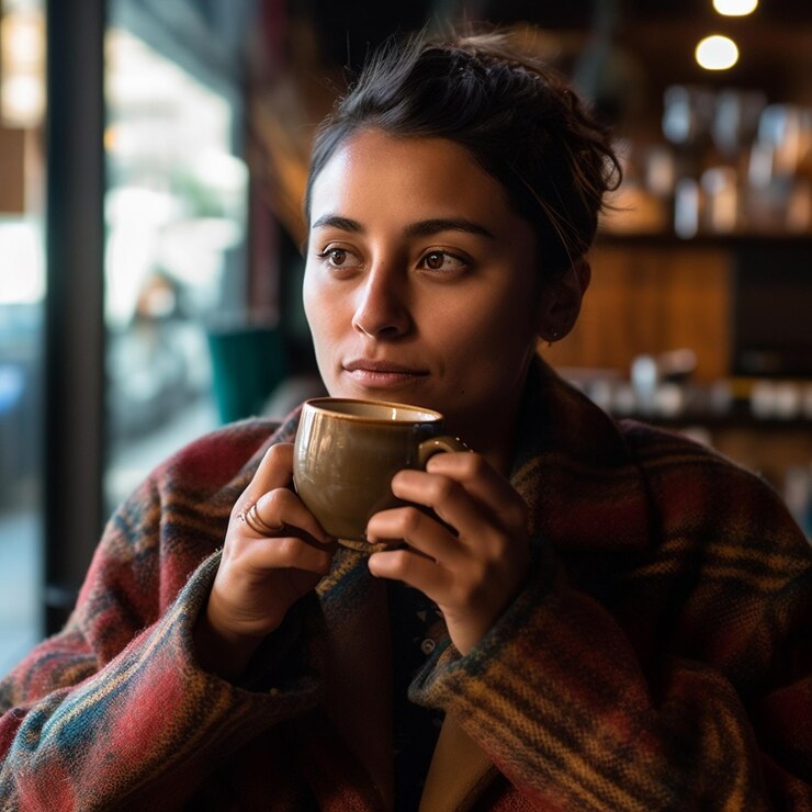 mujer bebiendo una taza de café