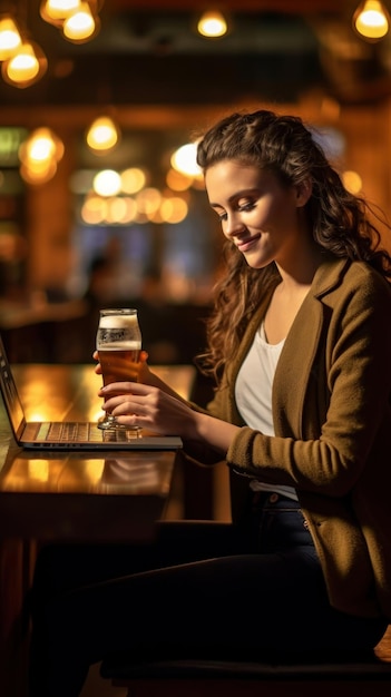 mujer bebiendo un vaso de cerveza y usando una computadora portátil.