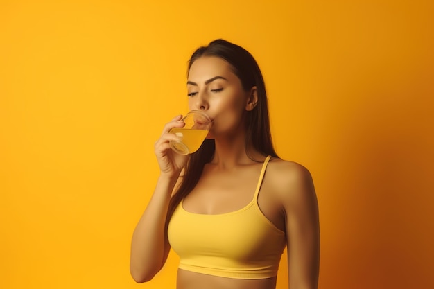 Una mujer bebiendo un vaso de jugo de naranja.