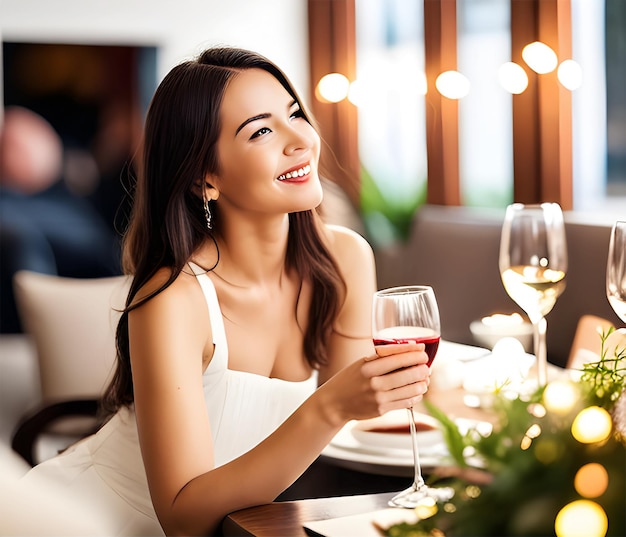 mujer bebiendo vino en un restaurante