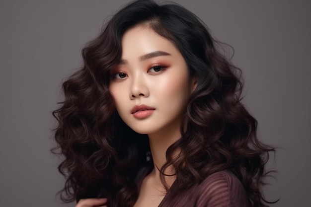 Mujer de belleza asiática joven cabello largo rizado con estilo de maquillaje coreano en la cara y piel limpia perfecta