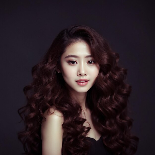 Mujer de belleza asiática joven cabello largo rizado con estilo de maquillaje coreano en la cara y piel limpia perfecta