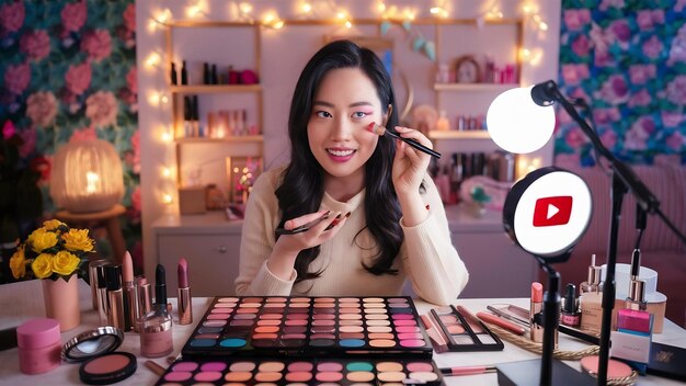 Mujer de belleza asiática vlogger o blogger grabando maquillaje