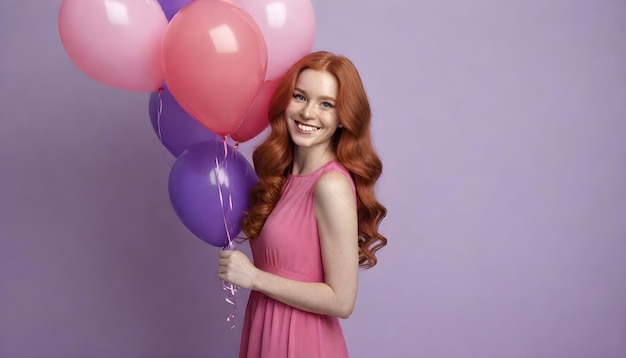 Mujer de belleza con cabello largo y ondulado y vestido rosado sosteniendo globos rosados