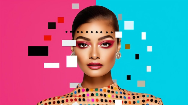 Mujer de belleza estilo de maquillaje brillante de colorismo audaz formas geométricas en la moda brillante diseño de arte pop