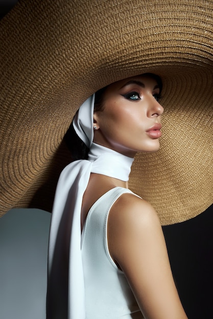 Mujer de belleza con un gran sombrero de mimbre y un vestido ligero de verano