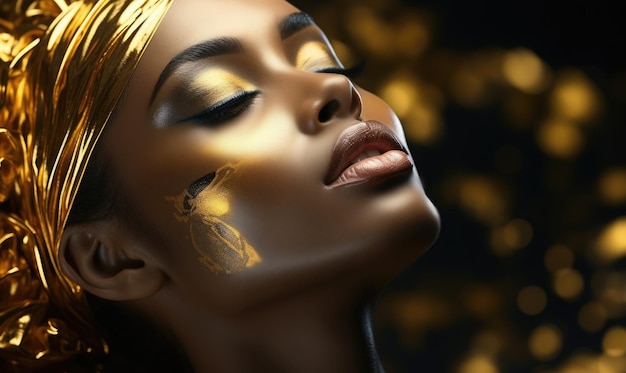 Foto mujer de belleza pintada en color de piel dorado cuerpo maquillaje dorado labios párpados en pintura color dorado