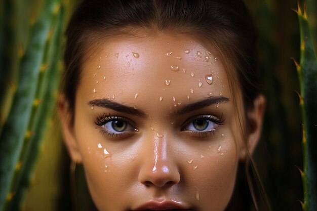 Mujer de belleza radiante abrazando la esencia nutritiva de las propiedades naturales del aloe vera