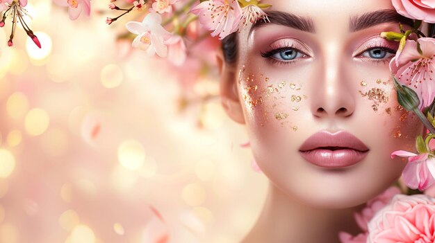 Mujer de belleza radiante con acentos florales y reluciente bokeh IA generativa