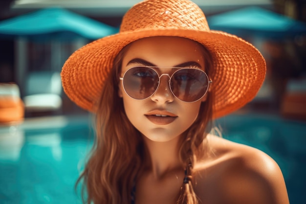 Mujer de belleza con sombrero y gafas de sol disfrutando de sus vacaciones de verano en la piscina ai generativo