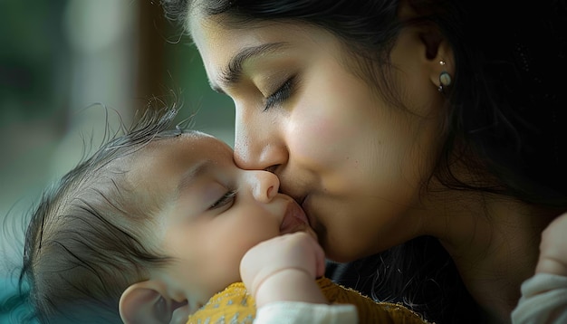 Una mujer besa cariñosamente a su bebé en los labios imagen del día internacional del beso