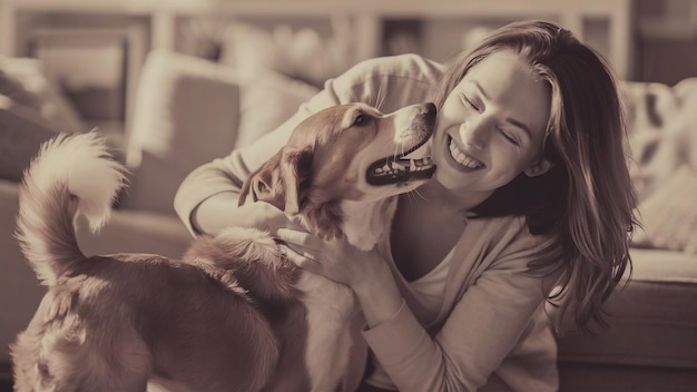 Una mujer besando a un perro.