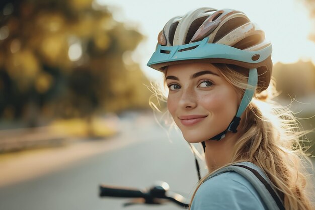 Mujer en bicicleta con casco puesto