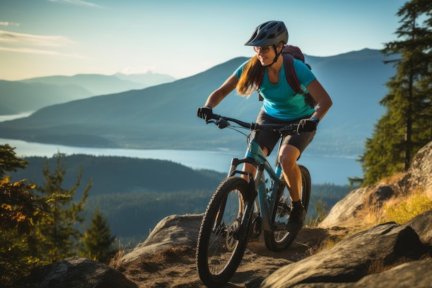 Una mujer en bicicleta de montaña en un impresionante paisaje natural