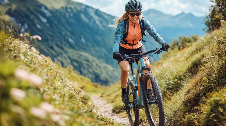 Una mujer en bicicleta de montaña a través de un sendero verde en las montañas en un día soleado