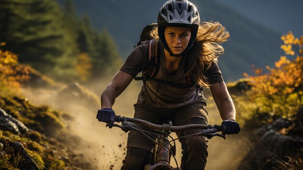 Una mujer en una bicicleta de montaña viaja a través del paisaje de verano de los bosques montañosos