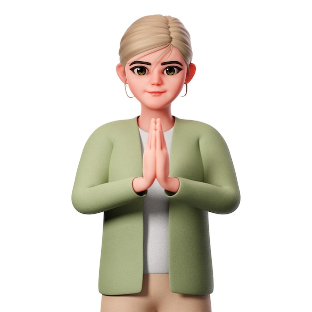 Mujer con bien vestida Mostrando pose de namaste con la mano doblada y gesto de saludo Representación de personajes en 3D