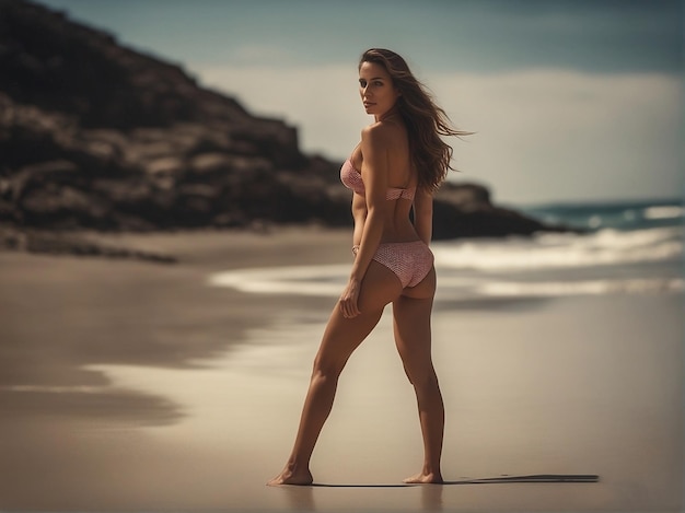 Una mujer en bikini camina por la playa.