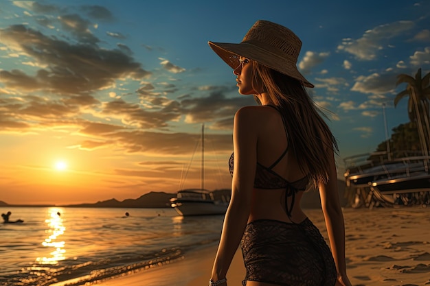 Mujer en bikini y gafas de sol relajándose en una playa tropical de arena Generado con IA