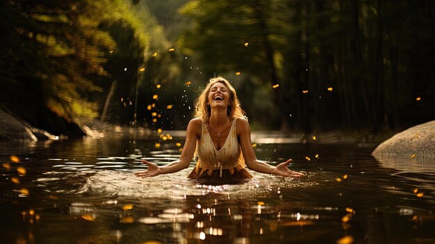 Foto una mujer en bikini nada en un bosque