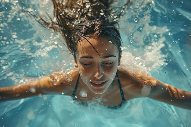 Una mujer en bikini nadando en una piscina