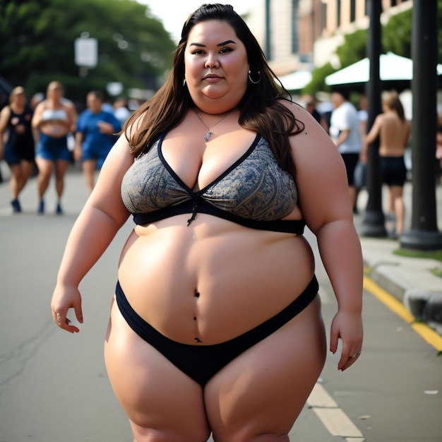 Una mujer en bikini negro camina por la calle.