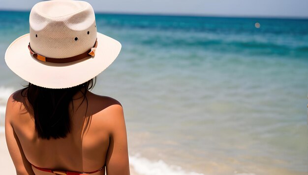 Una mujer en bikini rojo mira hacia el océano.