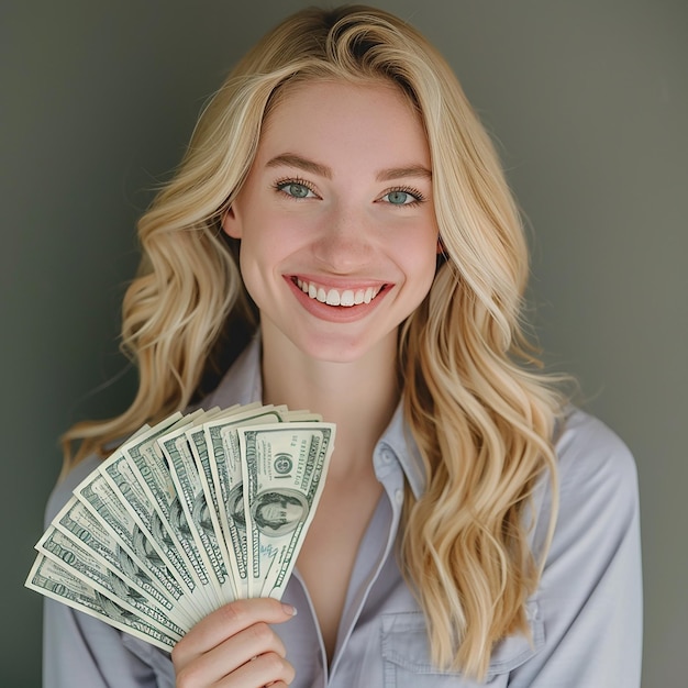 una mujer con un billete de un dólar y posando para una foto