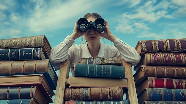 Foto mujer con binoculares en la parte superior de una escalera de libros