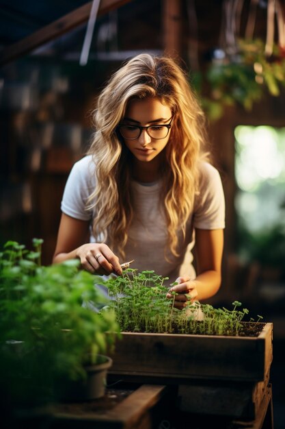 Mujer bióloga que investiga los microgreens en el laboratorio IA IA generativa