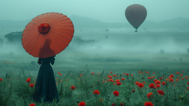 Una mujer birmana con un paraguas rojo tradicional mira un globo de aire caliente sobre